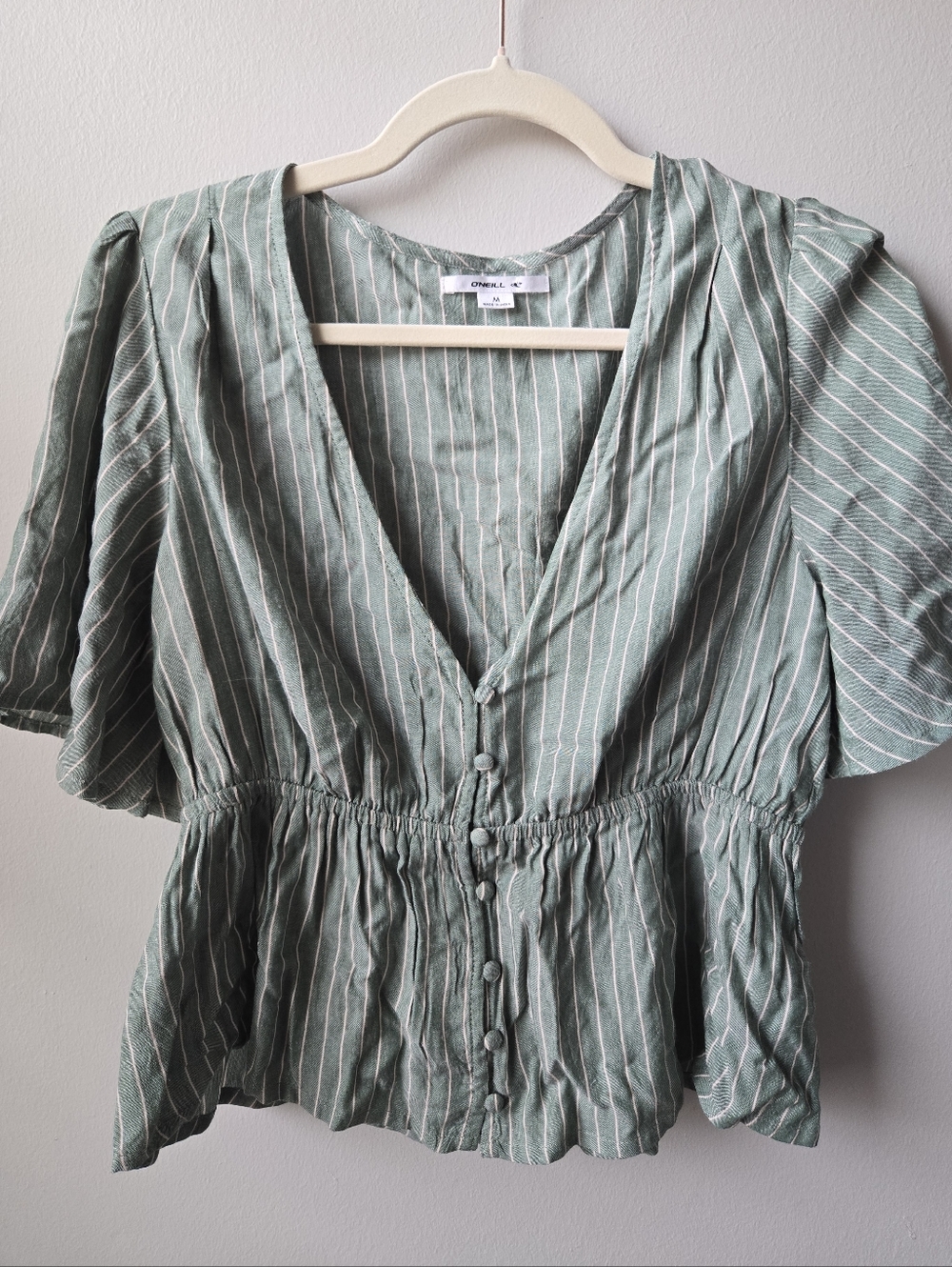 O'Neill Mint Green Striped Button-Front Peplum Blouse